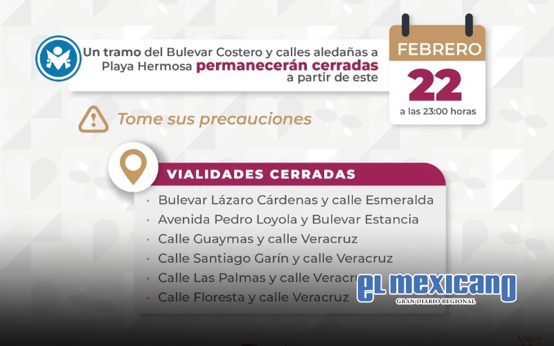 Informa la DSPM cierre de vialidades en zona de Playa Hermosa por preparativos del Carnaval