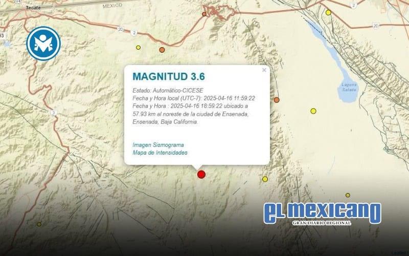 Sismo de magnitud 3.6 se registra al noreste de Ensenada