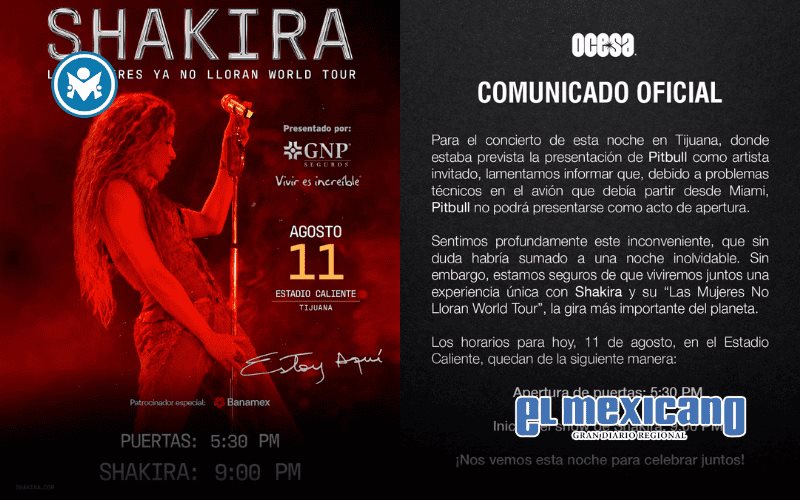 Pitbull cancela participación en concierto de Shakira en Tijuana Pitbull cancela participación en concierto de Shakira en Tijuana