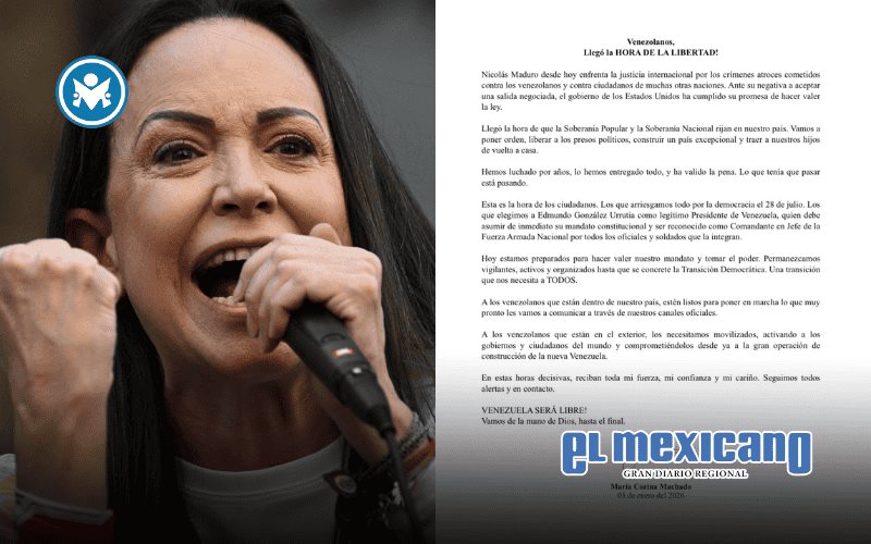 Llegó la hora de la libertad: María Corina Machado tras detención de Maduro Llegó la hora de la libertad: María Corina Machado tras detención de Maduro
