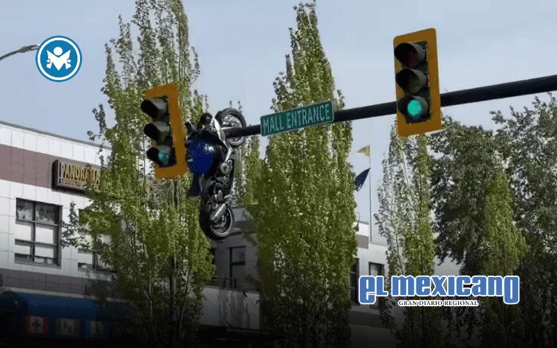 Motocicleta queda colgada de un sem&aacute;foro tras brutal choque en Canad&aacute;